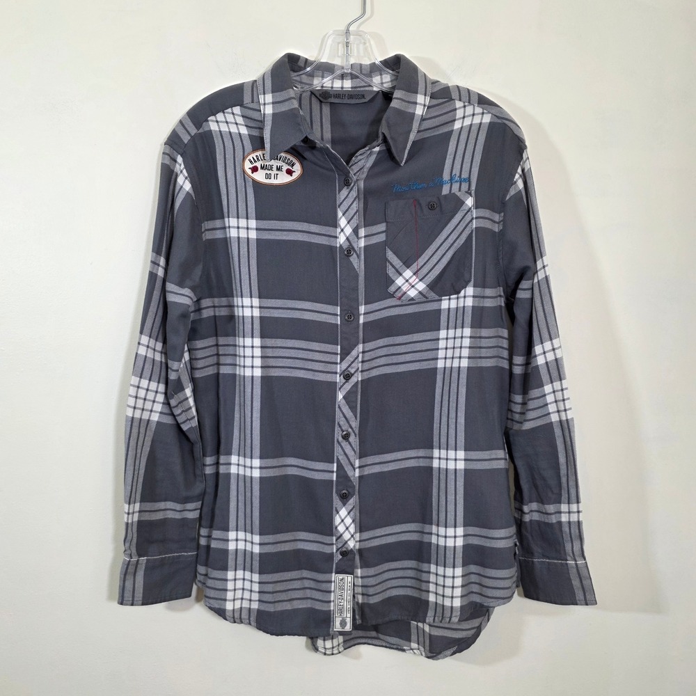Harley-Davidson Women Plaid Button Up Shirt Eagle Back Graphic Grey Large L Y2K